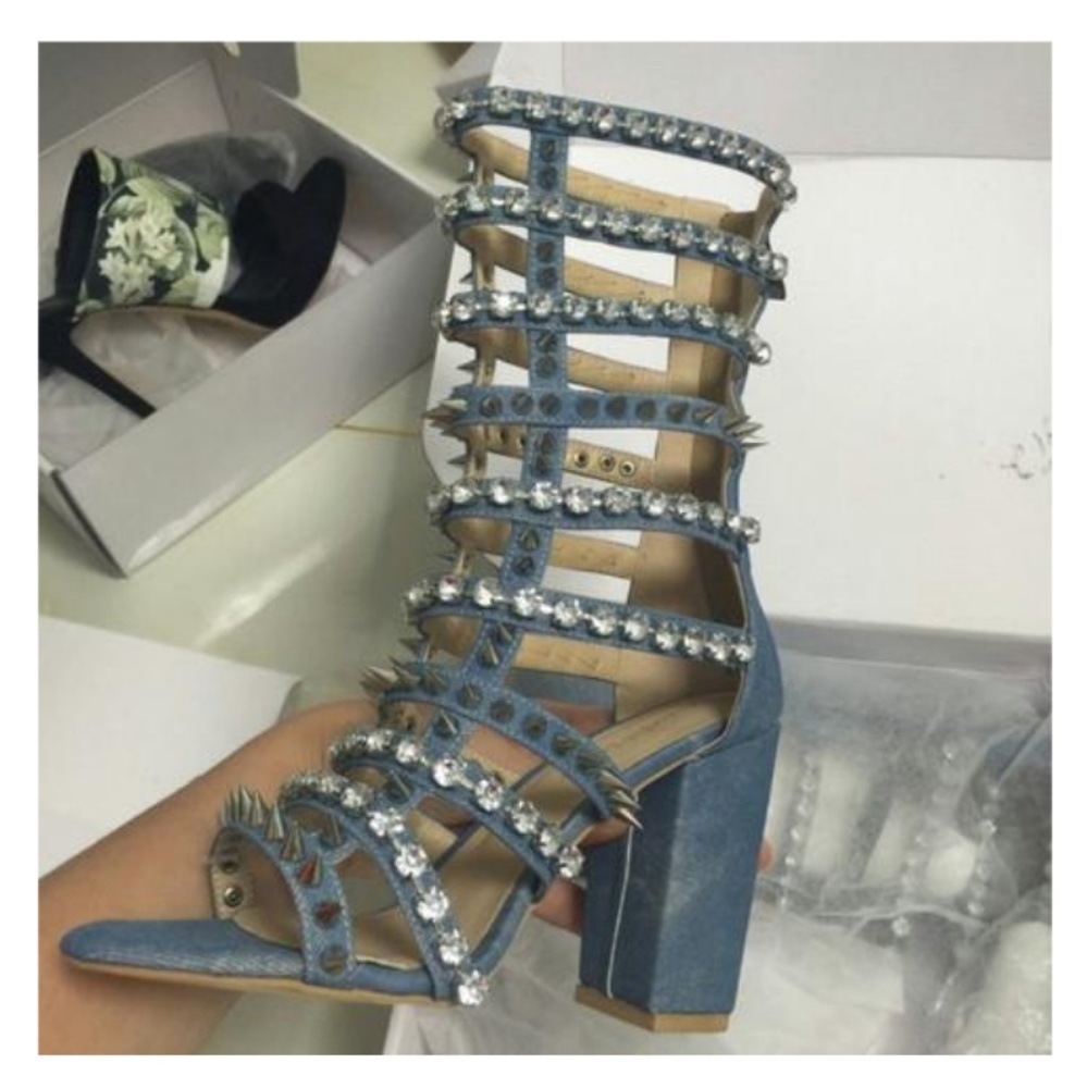 DENIM SPIKE RHINESTONE HEELS